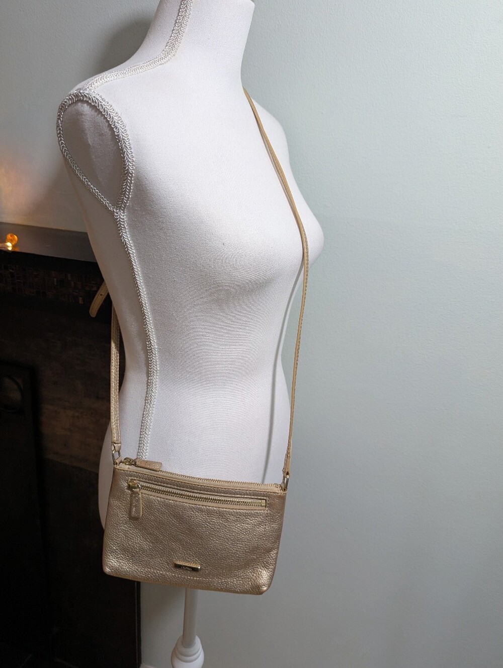 Cole Haan Metallic Tan Pebbled Leather Small Crossbody Bag Gold Hardware